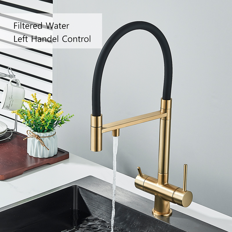 Pured Water Kitchen Faucet Dual Handle Deck Mount Brass Taps Filtered Water Mixer Tap 360 Rotate Pull Down Flexible Pipe Mixers