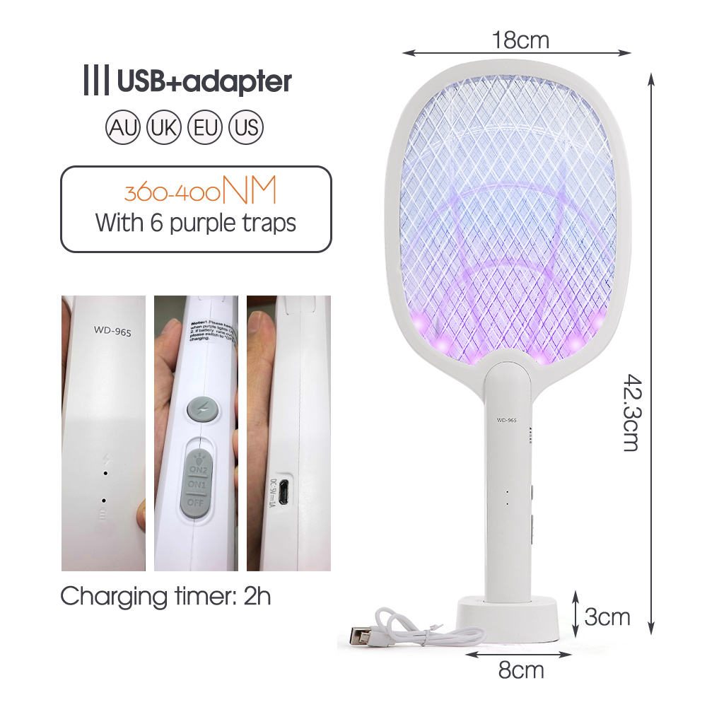 1200mAh 3000V smart uppladdningsbar fluga Swatter Racket Bug Zapper Mosquito Zapper 3-lagers säkerhetsnät Hemma trädgård inomhus utomhus