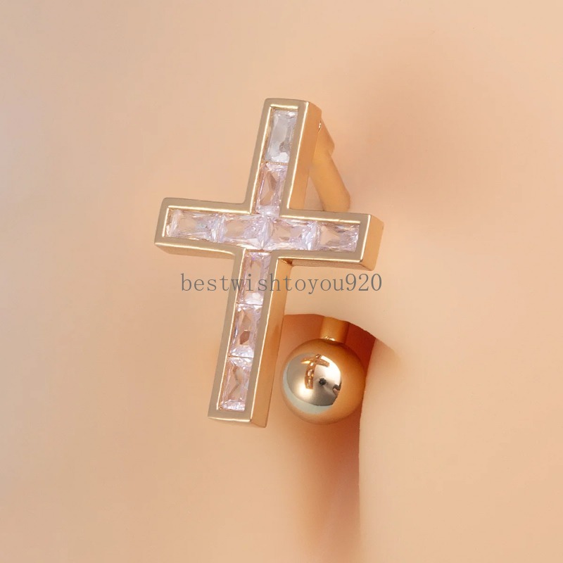 Cross Belly -knappringar krökta Barbell Navel Piercing för kvinnor Zircon rostfritt stål bar sexig mag ring kropp smycken 14g