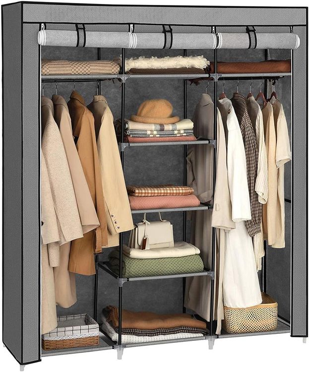 Portable Wardrobe, Wardrobe, Fabric Wardrobe with 2 Clothes Rails, Nonwoven Cover, Shelves, Herringbone, Grey