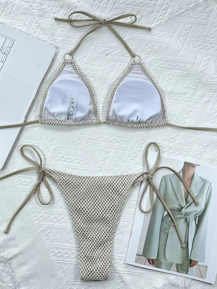 Kadın Mayo Örgü Balık Net Bikini Set Katı Yuaf Mayo Seksi İki Parça Set Bikinis Yaz Plaj Maması Takım Kadın S-XL
