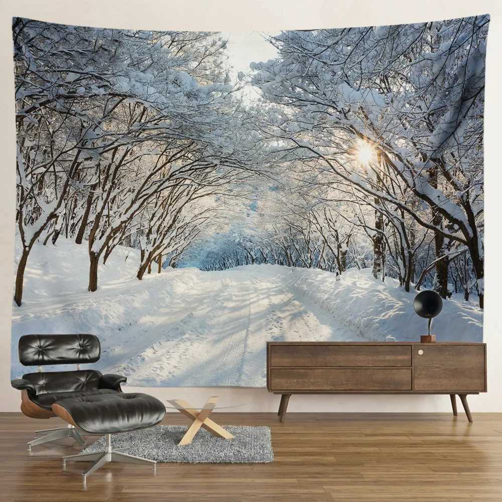 Winter Snow Forest Tapestry Landscape Tapestries Mountain Wall Hanging Tapestry Aesthetic Bedroom Living Room Decorations Hanging Curtain R0411