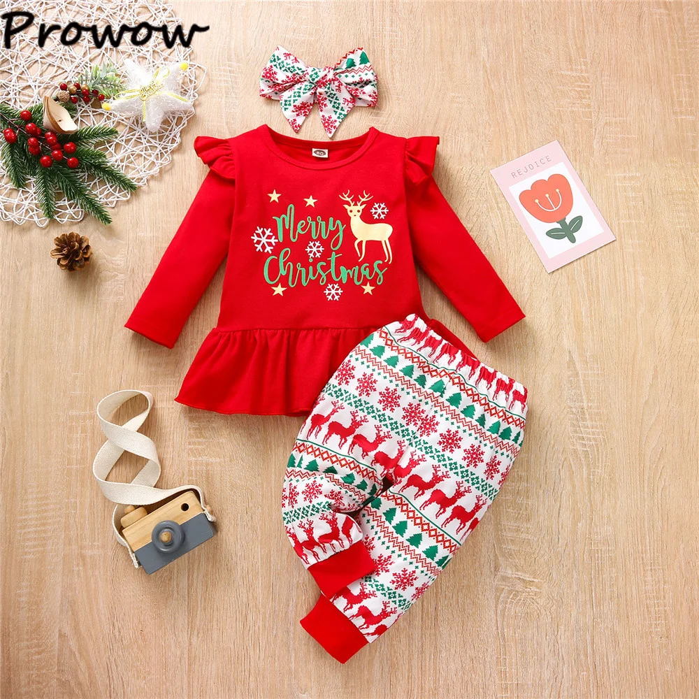 Trousers Prowow 03Y Baby Girl Christmas Outfit For Kids Ruffles Red Tshirts+Pants+Headband My First Christmas Toddler New Year Costume