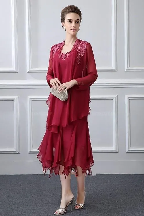 Dark Red Formal Two Pieces Mother Of The Bride Dresses V Neck Appliques Mermaid Tea Length Wedding Guest Gowns Mother Dress With Coat