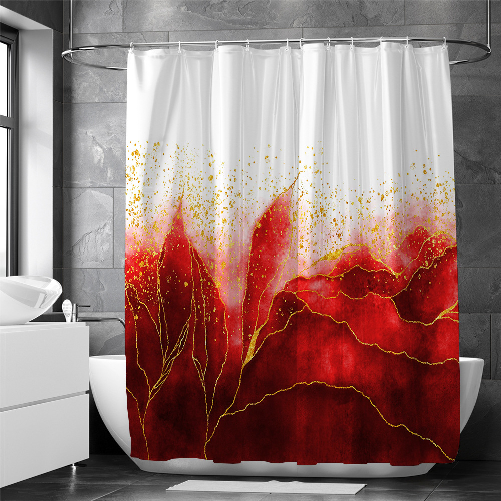 Luxury Gold Marbling Shower Curtains Burgundy Gold Ombre Liquid Marble Veins Floral Shower Curtains Set for Bathroom Waterproof