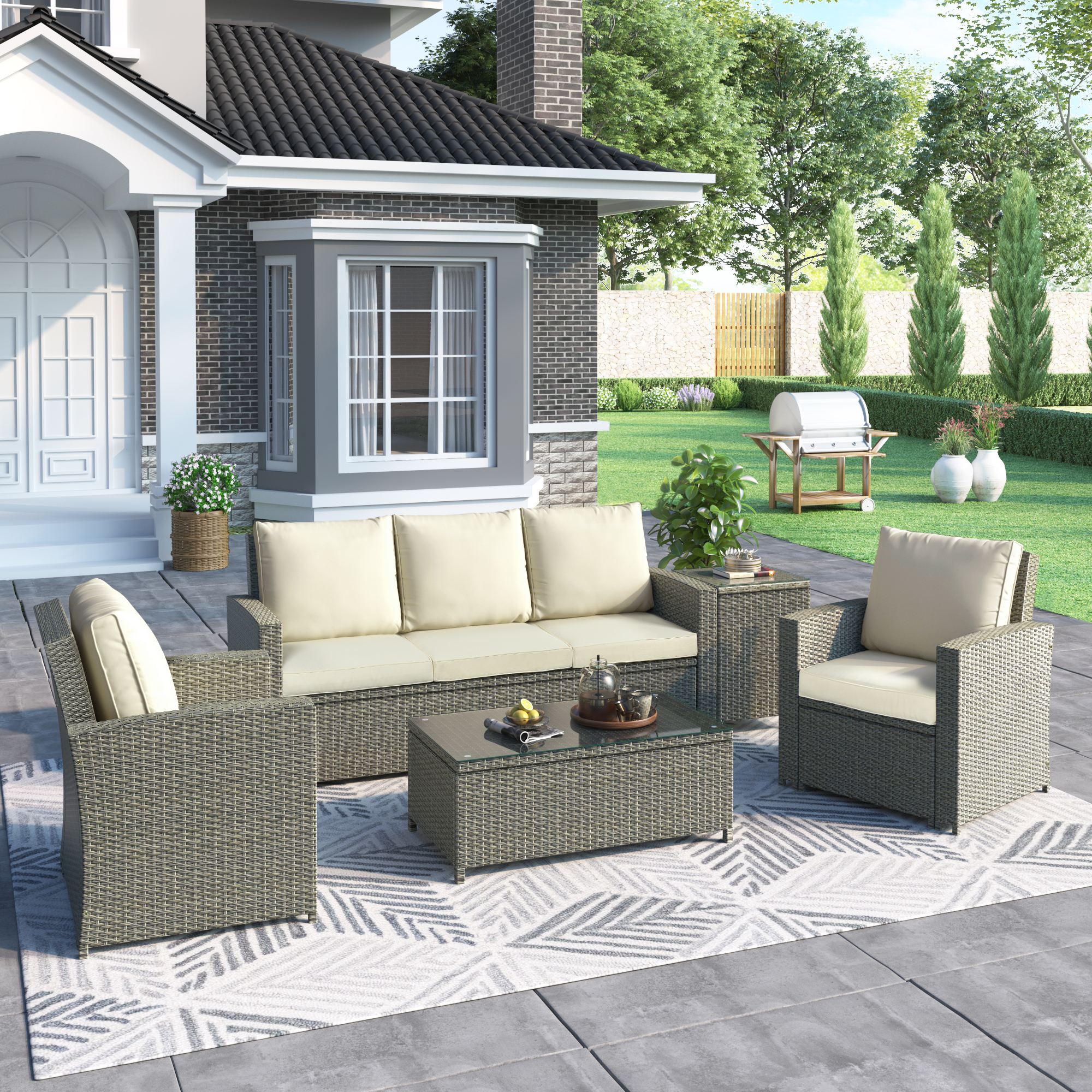 5 -teilige Rattan -Sitzungsgruppe mit Kissen und Tisch, Terrassenmöbel, Outdoor Wicker Sectional