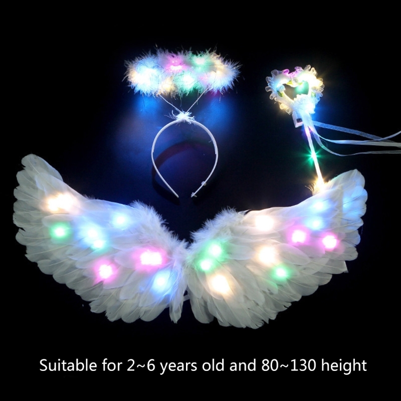 Glowing Angel Wing Headband Tutu Skirt Magic Wand for Kids Light Up Fairy Wing Halloween Party Cosplay Costumes Dropship