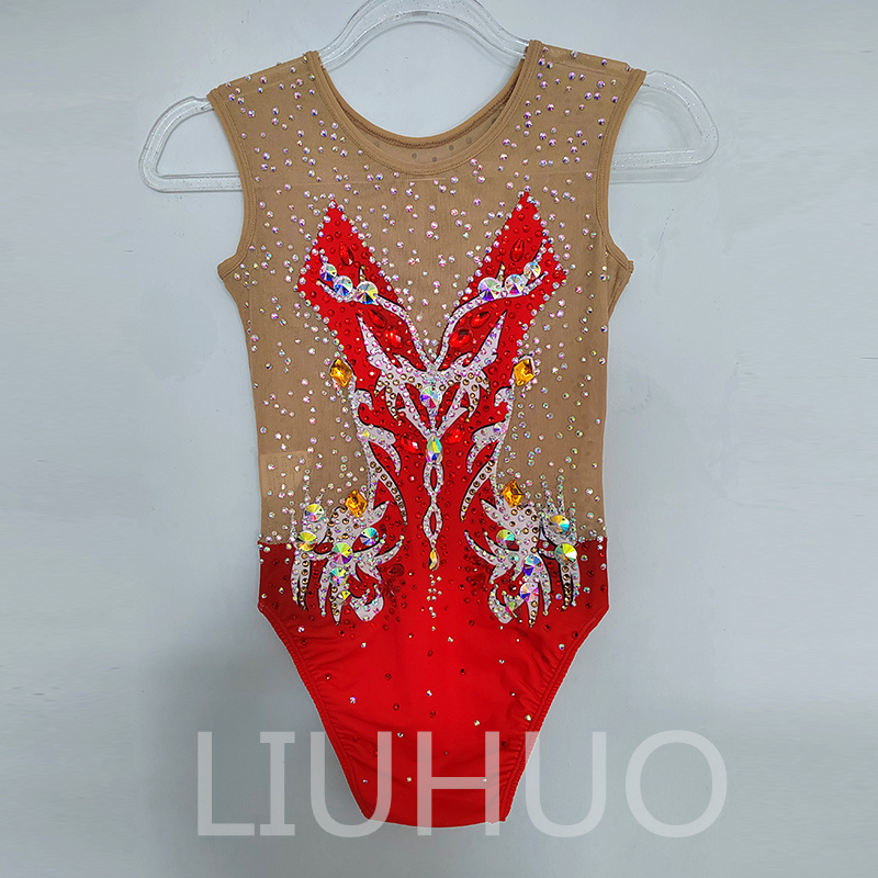 Liuhuo personnaliser les couleurs synchronisées combinaison de natation des filles de qualité cristaux de qualité extensible strass de natation de natation Red Bd1762