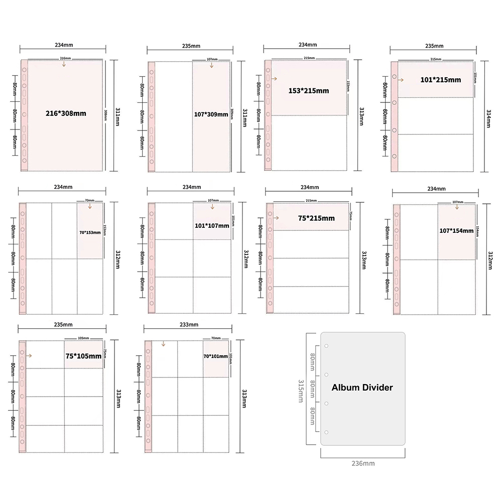 10 feuilles d'album photo transparent pages de recharge 4x6 10x15 10x10 Double face A4 Carte photo Sleeves 1 2 3 4 6 8 9 Pocket PVC gratuitement