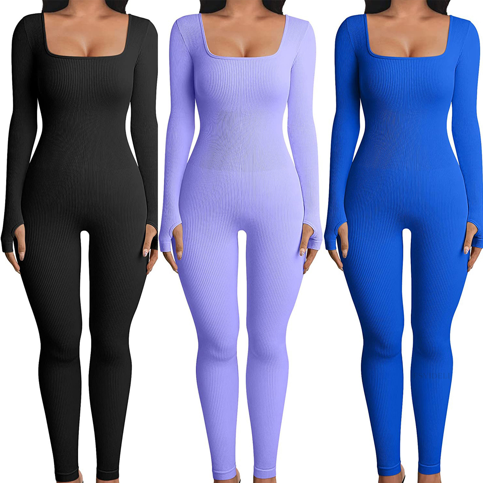 Sexiga kvinnor en bit yoga jumpsuits träning damer fyrkantiga hals smala fit unitard catsuit ribbad långärmad sport bodysuit