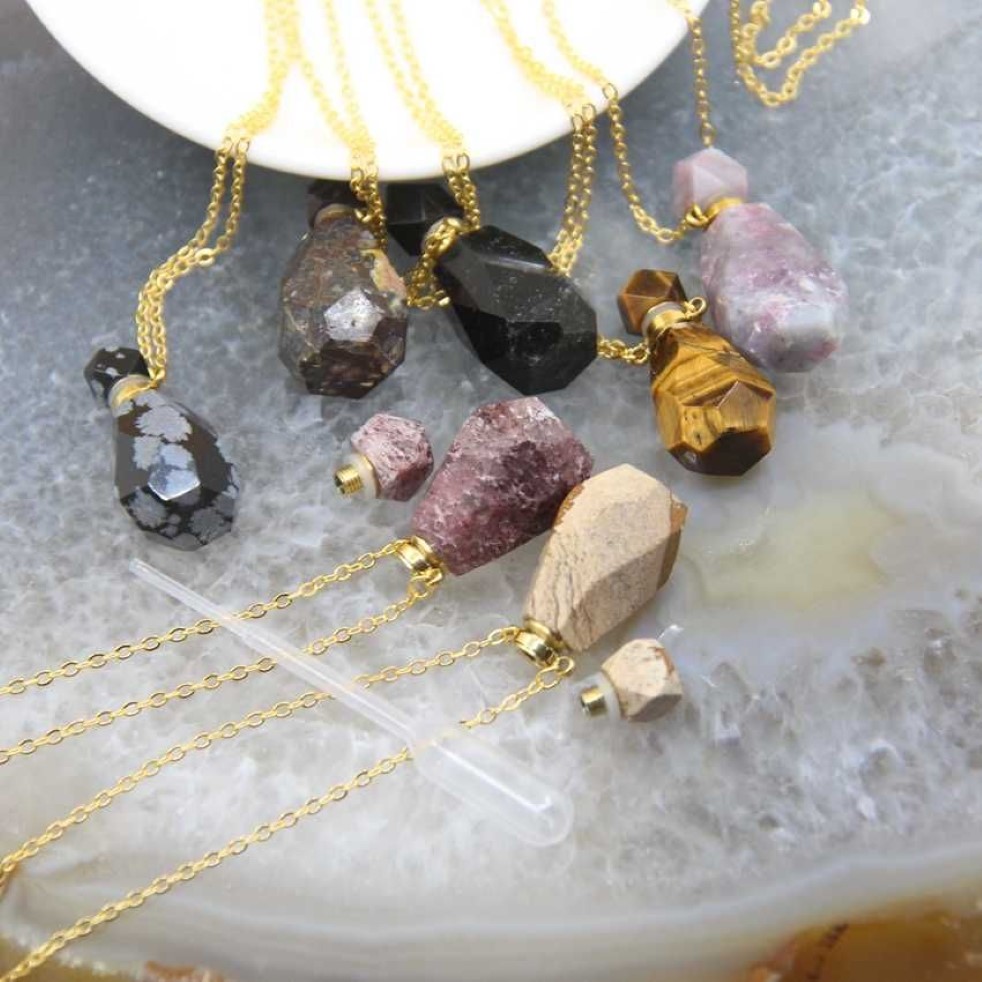 Charms Natural Obsidian Faceted Perfume Bottle Pendants Necklaces Pink Tourmaline Quartz Essential Oil Diffuser Vial Jewelry225n