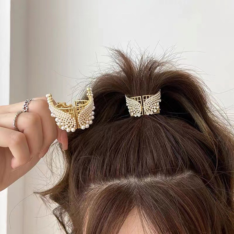 2023 New Angel Wings High Ponytail Grip Clip Korea Rhinestone Pearl Metal Clip Clip Hair Fixing Tools Girls Hair Hair