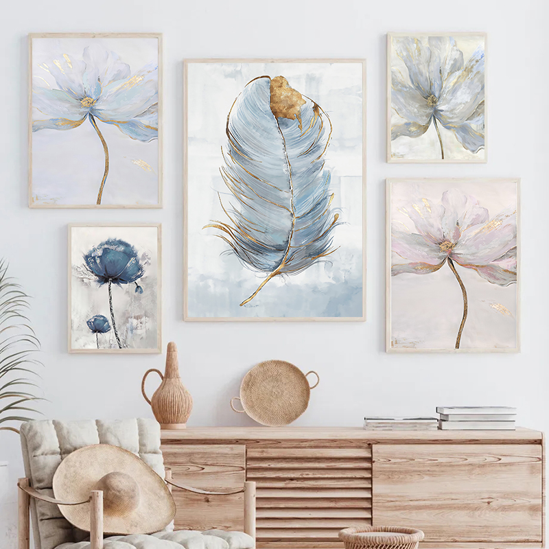 Résumé Fleurs peinture nordique de salon décor image bleu feuilles de plante de plante