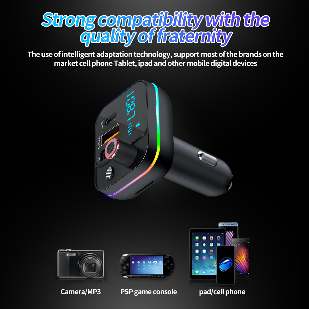 Car FM Transmitter Dual Charger USB 3.1A+Type-C Bluetooth 5.0 Digital LED DISTRAL