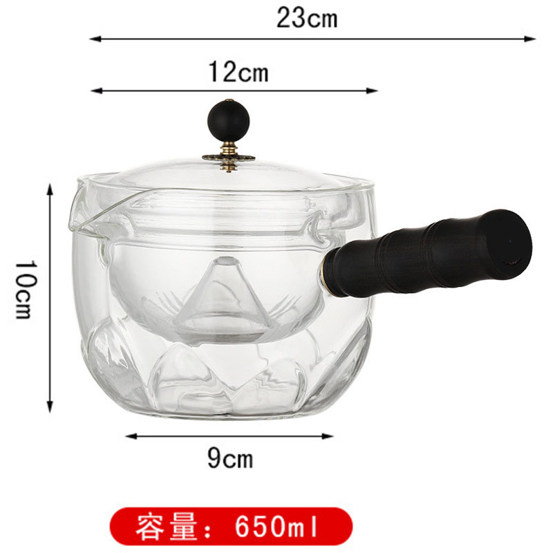 360 ° roterende 650 ml hittebestendige glazen theepot met infuser voering filter kungfu theepot zijkant houten handgreep kook thee ware set