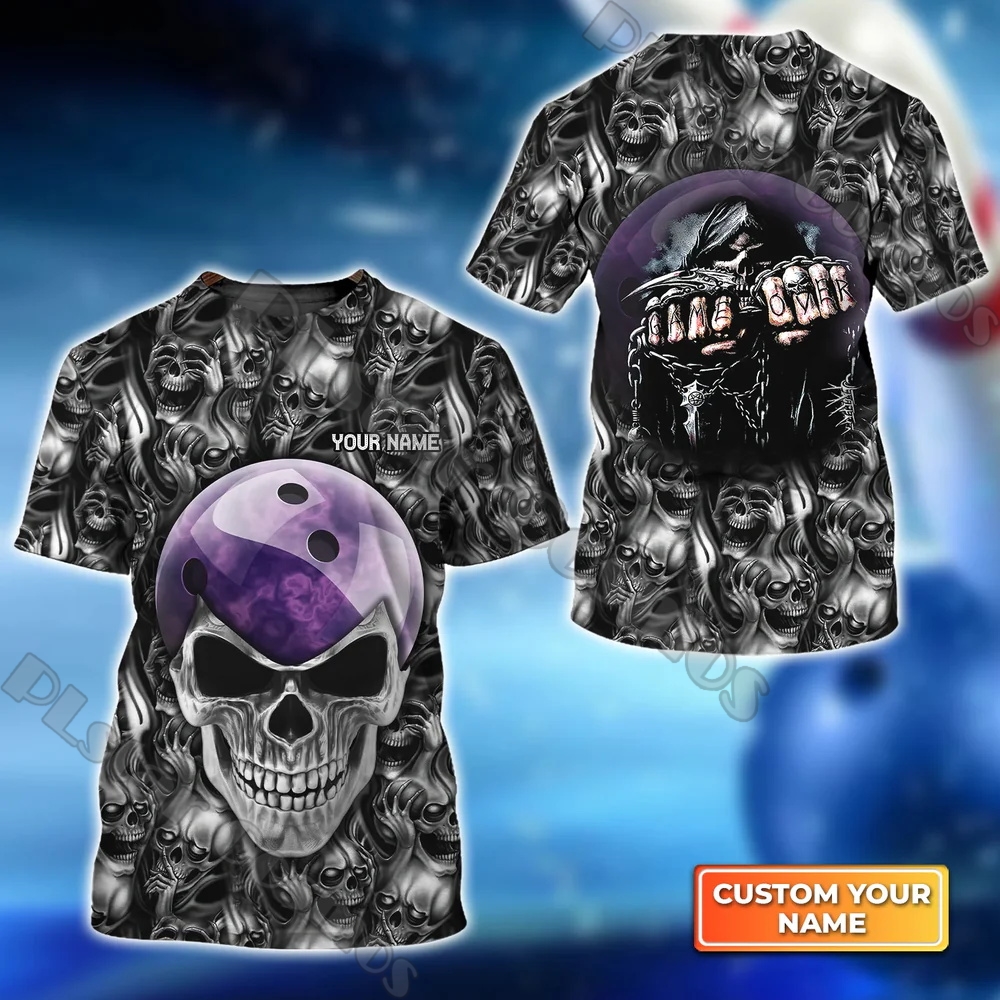 Summer Mens T-shirt Nom personnalisé Nom Purple Skull Bowling 3D Cadeau de tshirt décontracté unisexe pour les amoureux du bowling DW207
