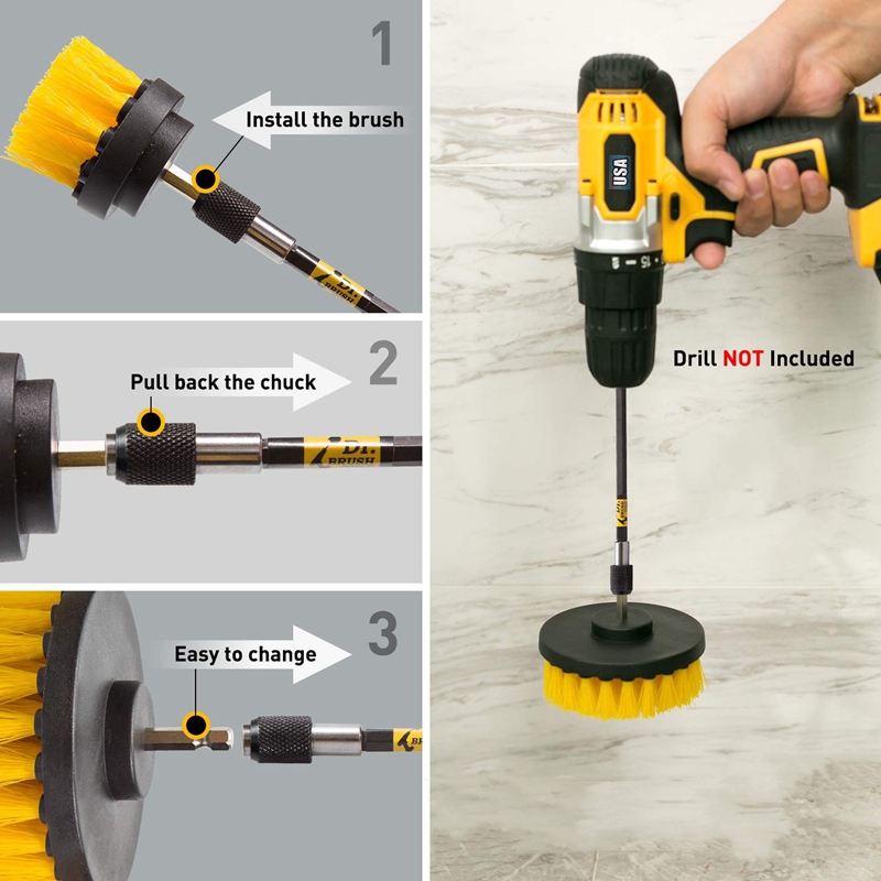 1/4 '' Elektrisk borrborste kit Electric Scrubber Borste mattan renare toalettborste bilrengöring för kökskakelfönster badrum