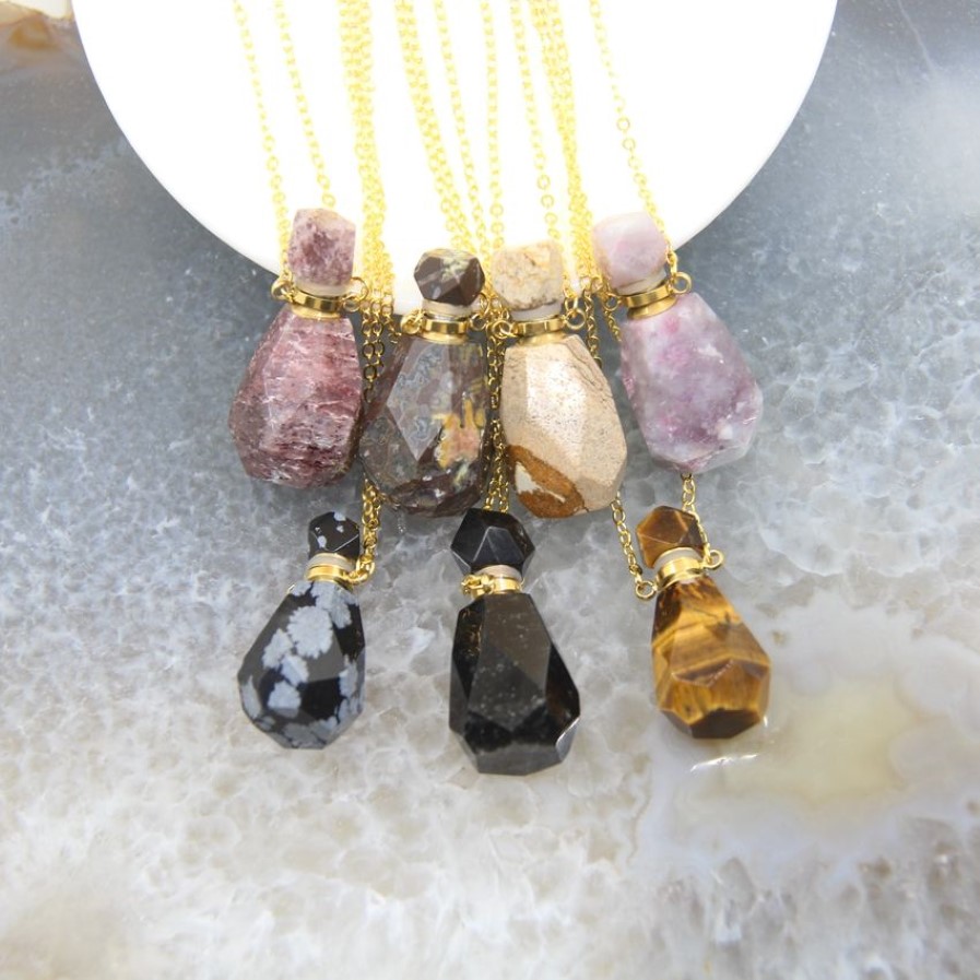 Charms naturliga obsidian fasetterade parfym flaskhängen halsband rosa turmalin kvarts eterisk olje diffusor viions smycken225n