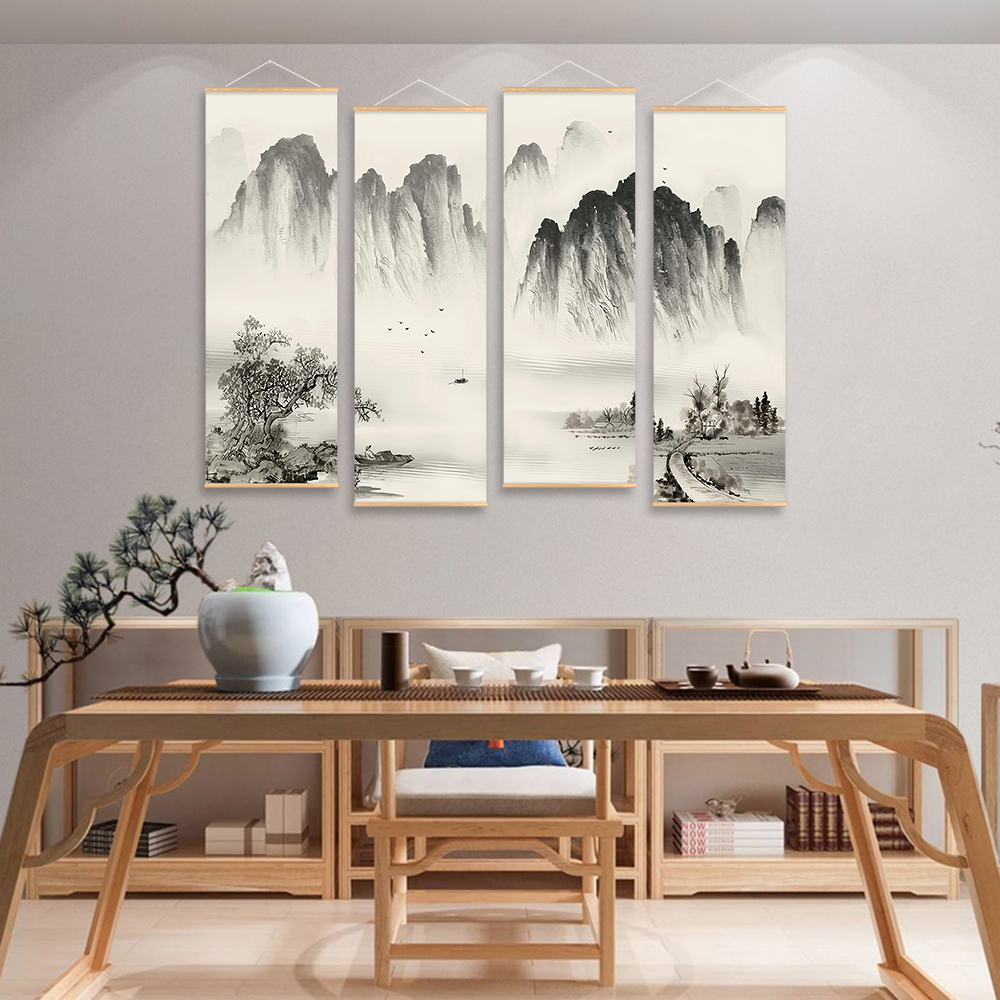 Vintage Chinese Art Ink Scroll Painting Ready To Hang Retro Wall Decor Scroll Poster For Living Room Decor Aesthetic Framed