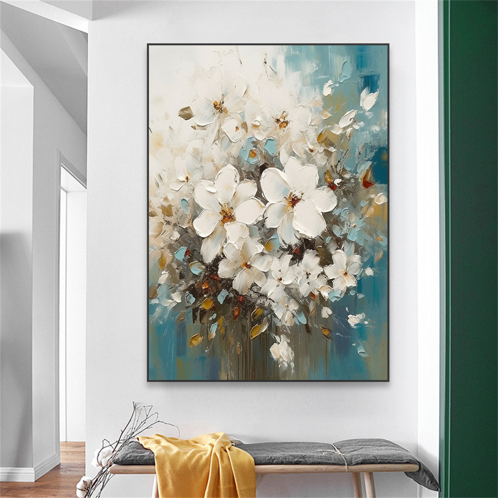 White Textured Flower Painting Poster Heavy Textured Minimalist Wall Art Canvas Painting Prints Home Living Room Decoration