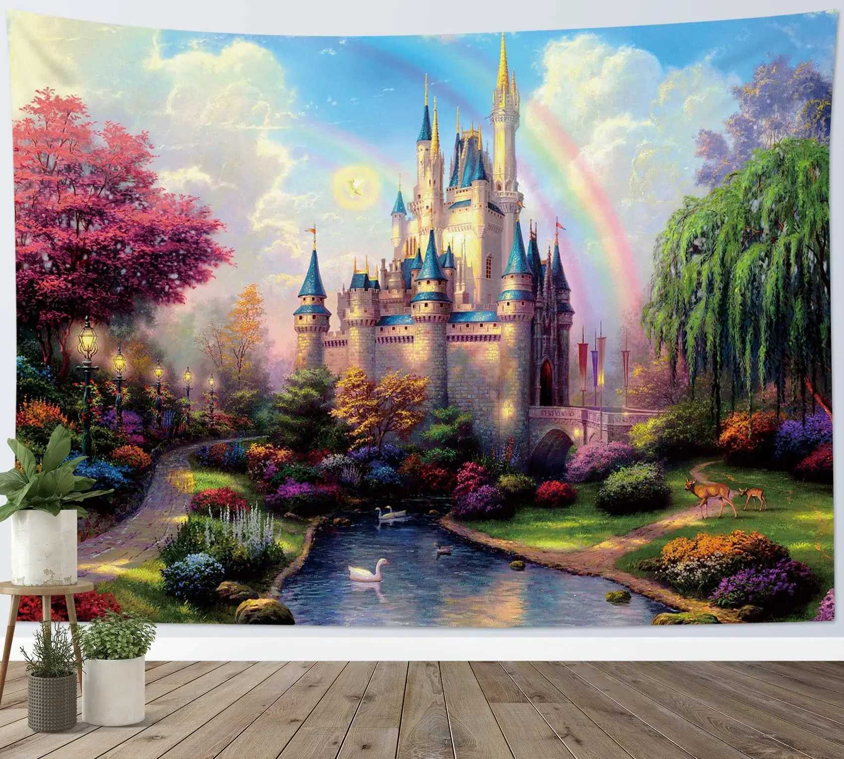 Castle Tapestries Fairy Tale Fantasy World World Cartoon Forestry Tapestry Magic Tapestrygirls Camera da letto soggiorno Dorm Party Wall Decor R0411