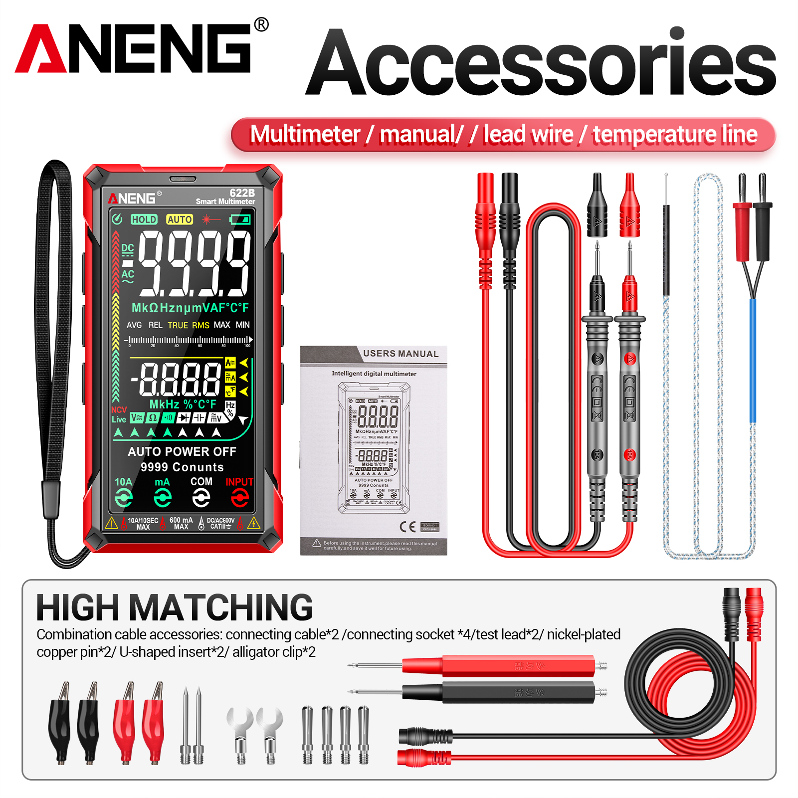 ANENG Smart Multimeter 9999 Counts AC/DC Ammeter Voltage Tester Rechargeable Anti-burning Ohm Amp VoltMeter Digital Multimeter