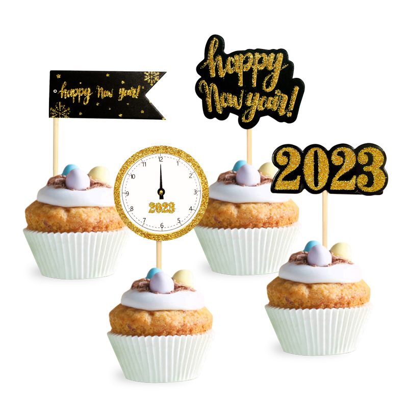 / set Happy New Year Cake Flags Clock 2024 Christmas Cake Topper Noël