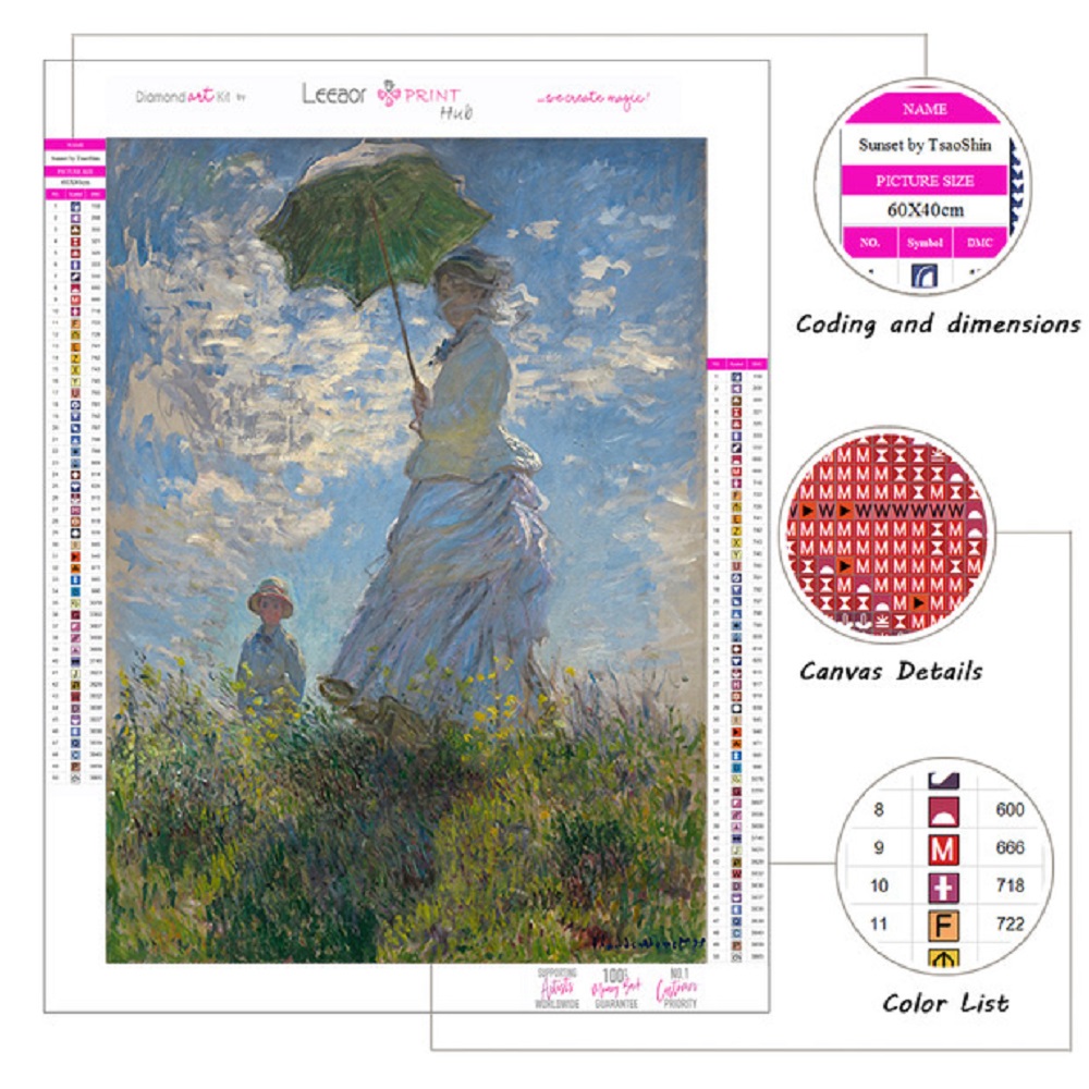 Vrouw met een parasol claude monet oliën 5d doe -het -zelf diamant schilderij kit diamant borduurruimte muur kunst prints home decor muurschildering