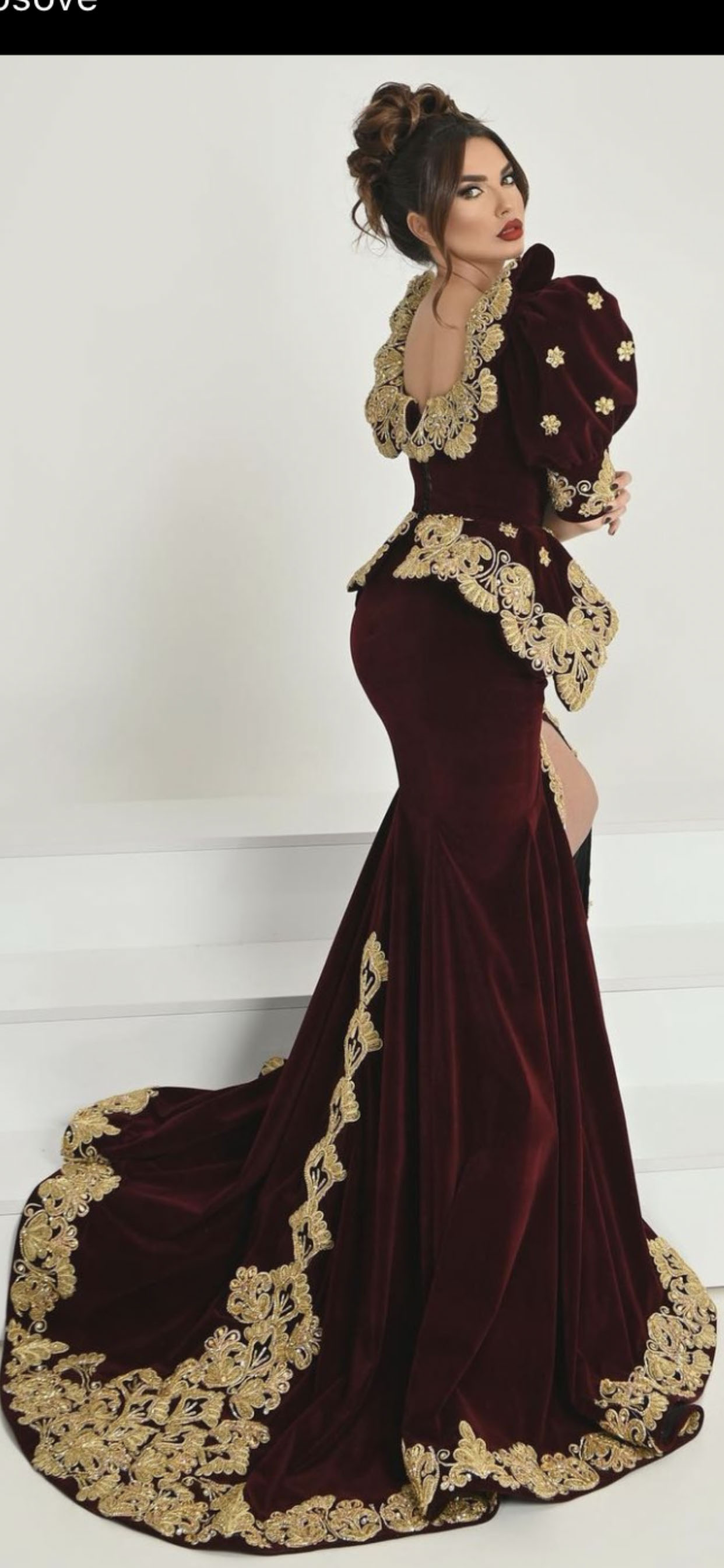 Sodigne Burgund marokkanische Kaftan Abendkleider für Frauen 2023 V Hals Gold Spitze Splitter Puffarm Velver formelle Partykleid