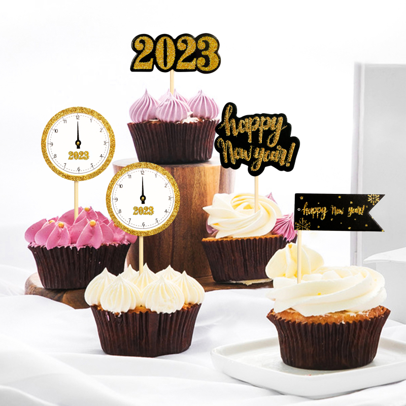 / set Happy New Year Cake Flags Clock 2024 Christmas Cake Topper Noël