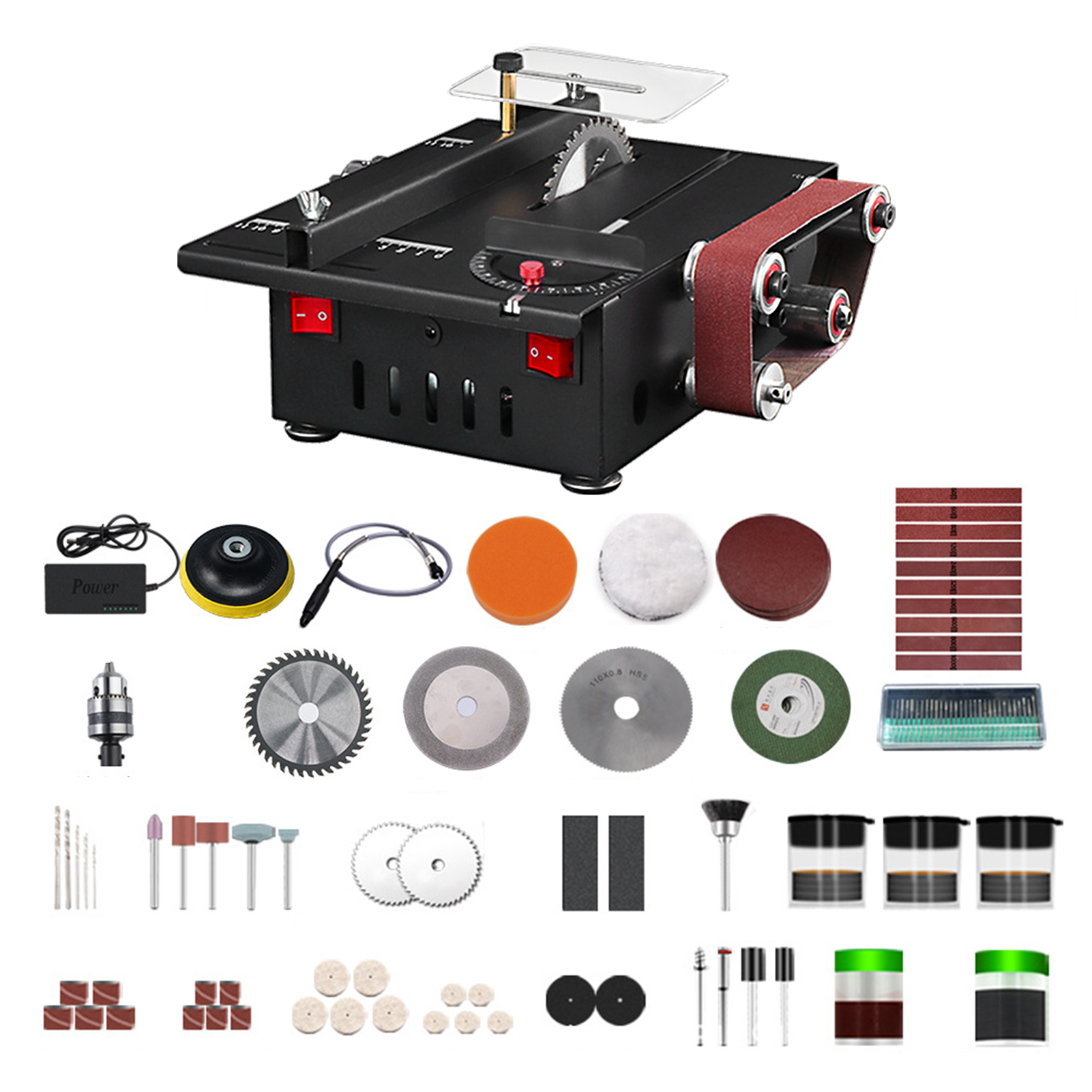 150W Mini Bench Saw och Belt Sander Slipning Carving Drilling Kit Variable Speed ​​Circular Table Saw 30mm Cutting Djup Diy Saw Saw Saw