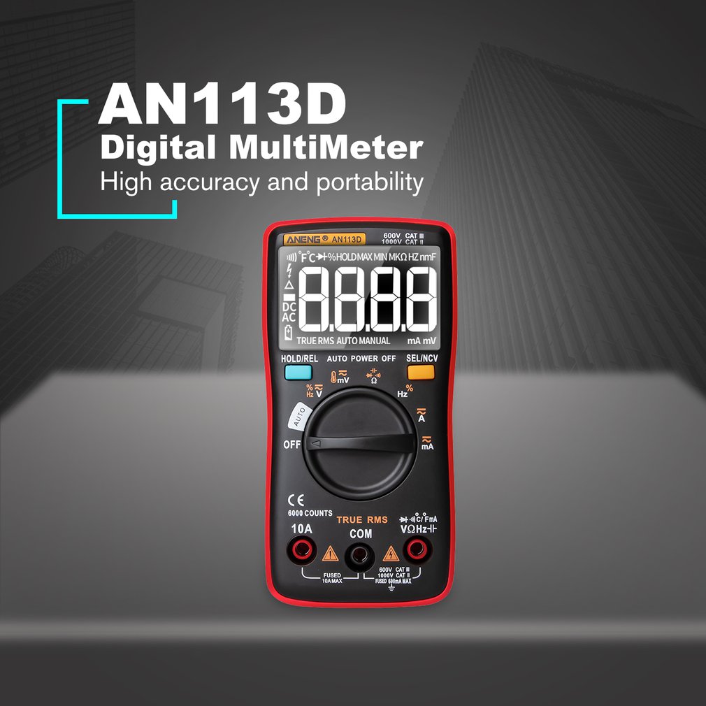 Aneng AN113DマルチメトロNCVデジタルマルチメーターAC/DC電圧電流メーターT-RMS抵抗ダイオードテスト周波数温度テスター