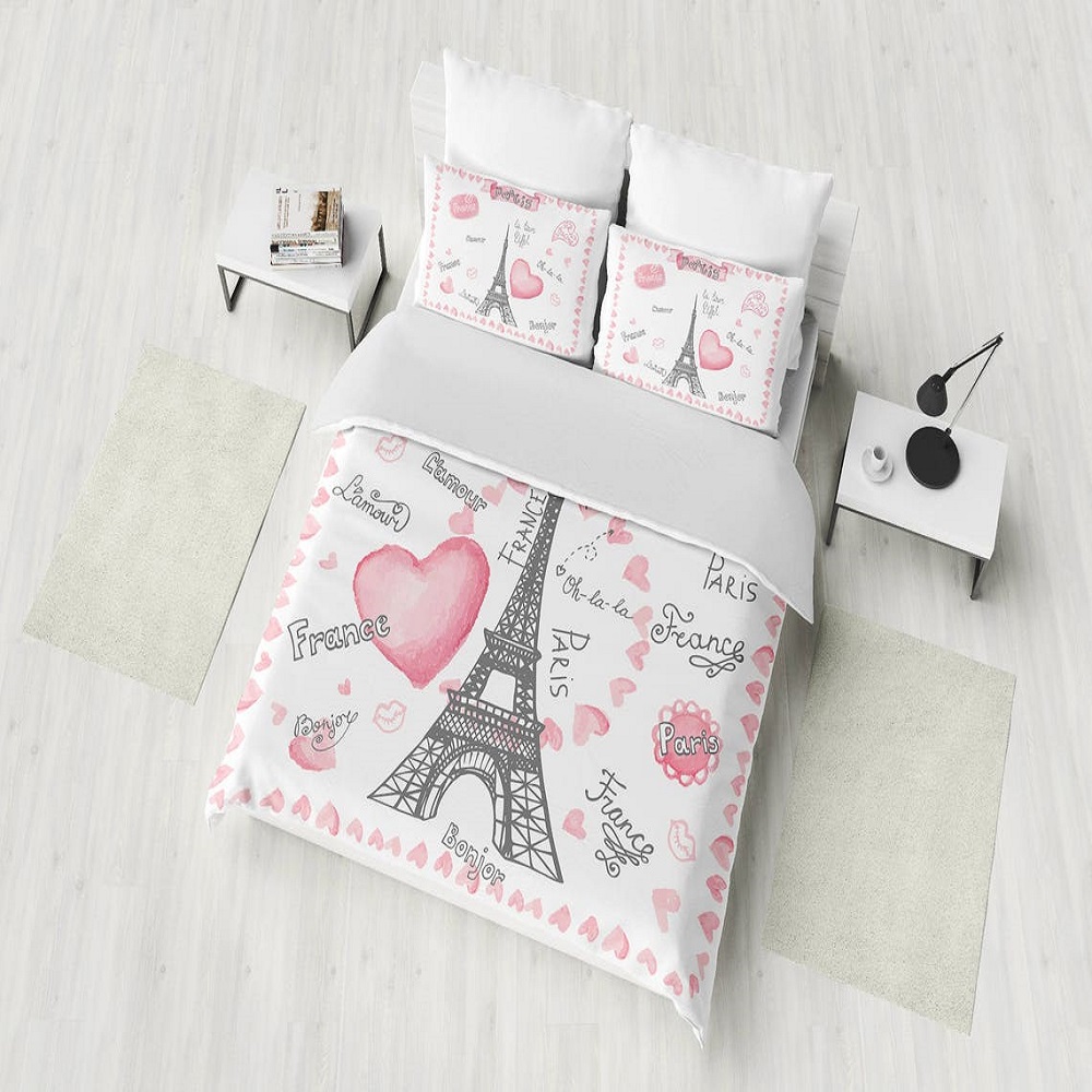 Älskare bokstäver Eiffel Tower Hearts Romantiska täcken omslag Set King Queen Full Twin Size Bed Linen Set