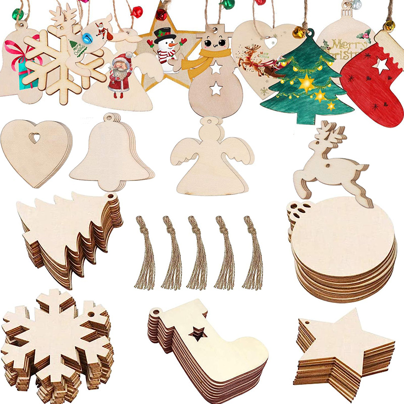 adornos de navidad de madera rodajas de madera sin terminar con agujeros en blanco de madera colgantes para niños artesanía de bricolaje decoración de árboles de Navidad