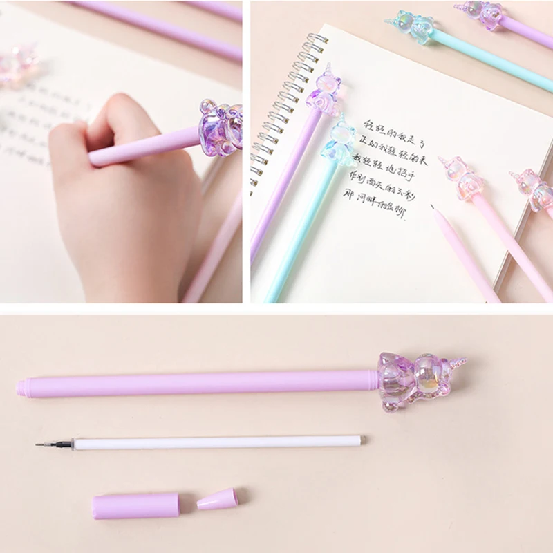 PENEN Nieuwheid schattig Crystal Unicorn Pens Funny Laser Acryl Kawaii Ballpoint Stationery School Black Blue Ink Kawai Thing spul