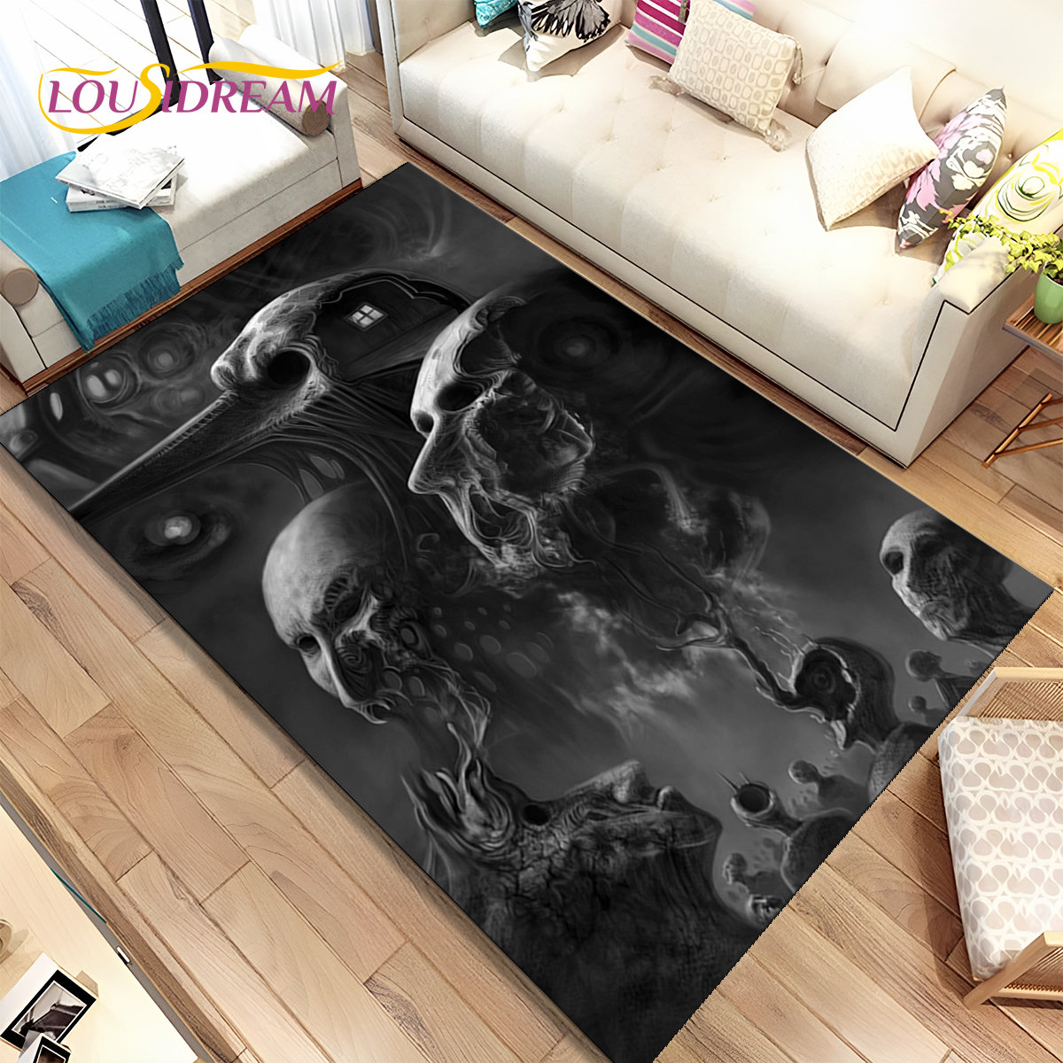 3D Gothic Horror Ghost Skull Fläche Teppich, Teppich für Heimsiegerzimmer Schlafzimmer Sofa Fußmat Küchendekor, Kinderspiel Nicht-Schlupfbodenmatte