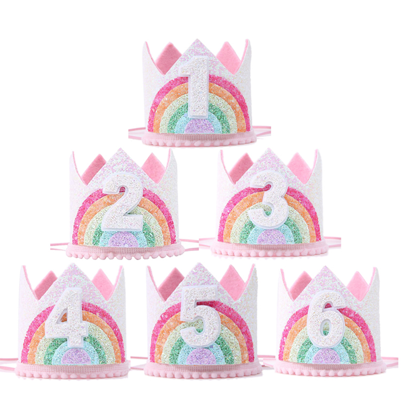 Felt Rainbow Crown Girl Birthday Party pannband 1: a 3: e födelsedagsfestdekorationer Kids Number Hat Baby Shower Unicorn Party