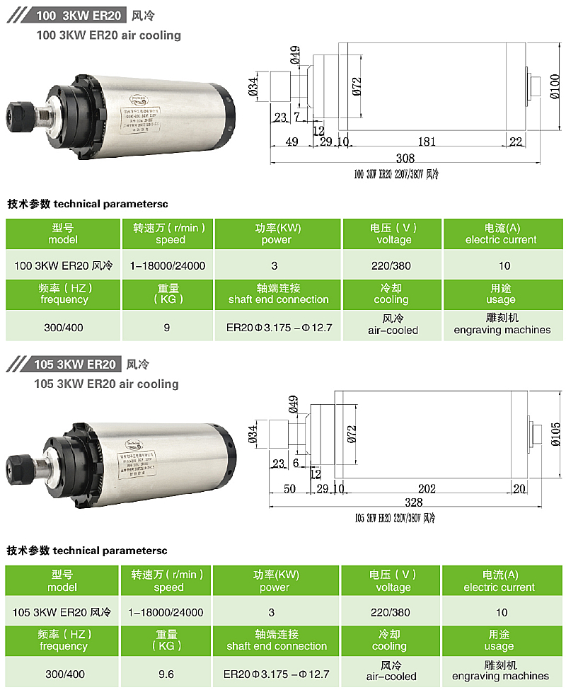 CNC Air Cooled Spindle Motor 3000W 3.0KW Diameter 100 105mm CNC Router Tools For Milling Machine