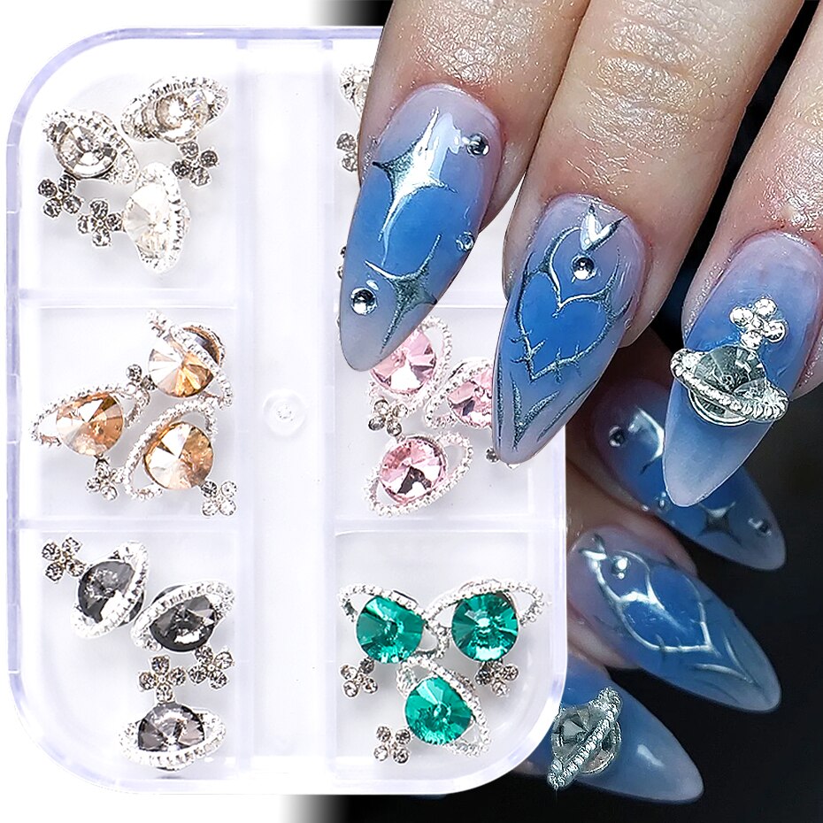6 rutnät Planet Nail Charms Crystal Rhinestones Nail Art Shiny Luxury Jewelry Gems Design Diy Saturn Manicure Decoration