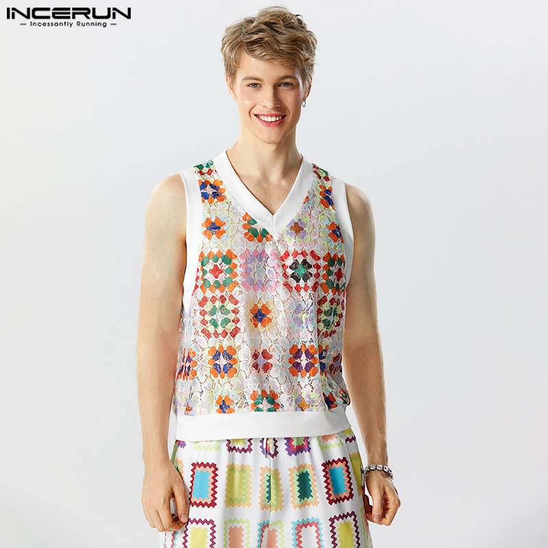 American Style New Mens Tracery Lace Printed Vests Casual Streetwear Male Cropped Loose V-neck Waistcoat S-5XL INCERUN Tops 2023