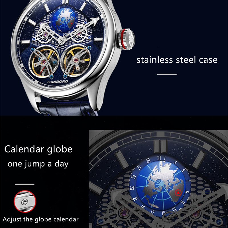 Hanboro Globe Watch Men Mécanicales de bracelet Mécanique Double vol de vol de moule Earth Sky Mens Top Brand 2022 TRENDY