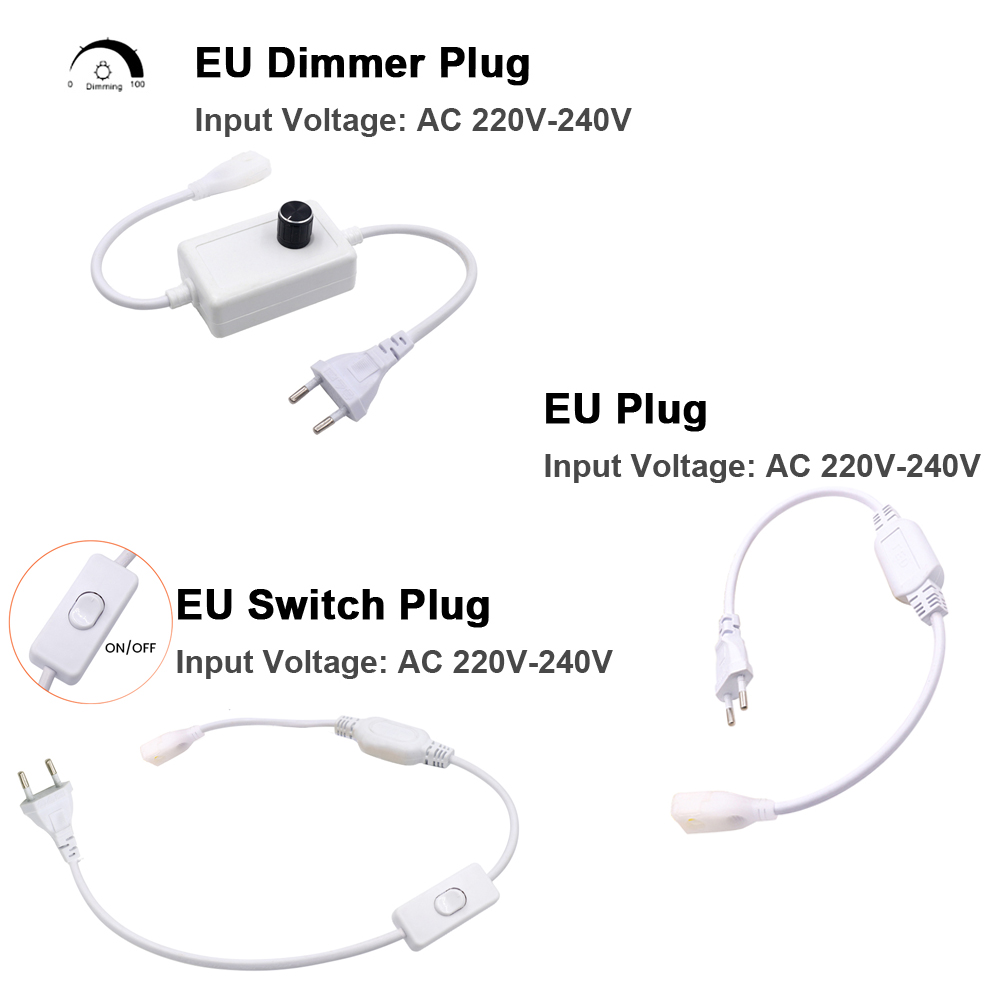 AC Power Plug -tillförsel med Dimmer Switch Power Wire/Cord AC 110V 220V EU -kontakt för COB LED -strip Light 288LED/M 360LED/M -kabel
