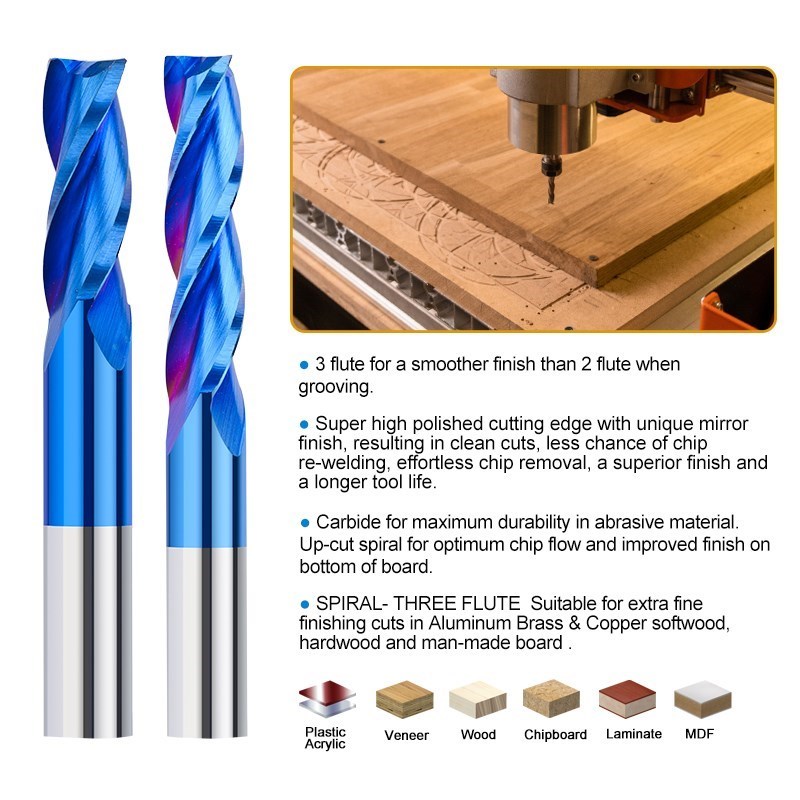 XCAN 3.175 4 Bit de routeur en spirale à tige de 6 mm Bit 3 flûtes à extrémité plate Moulin à extrémité Endmill Up Super revêtu de fraisage CNC pour le travail du bois