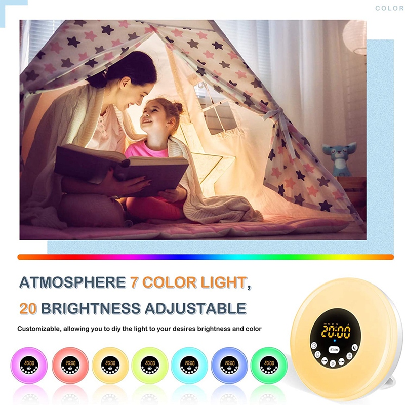 Nouveau réveil coloré Lumière, Lumière nocturne du réveil du soleil de chevet, sons colorés chauds et naturels, FM Bluetooth FM
