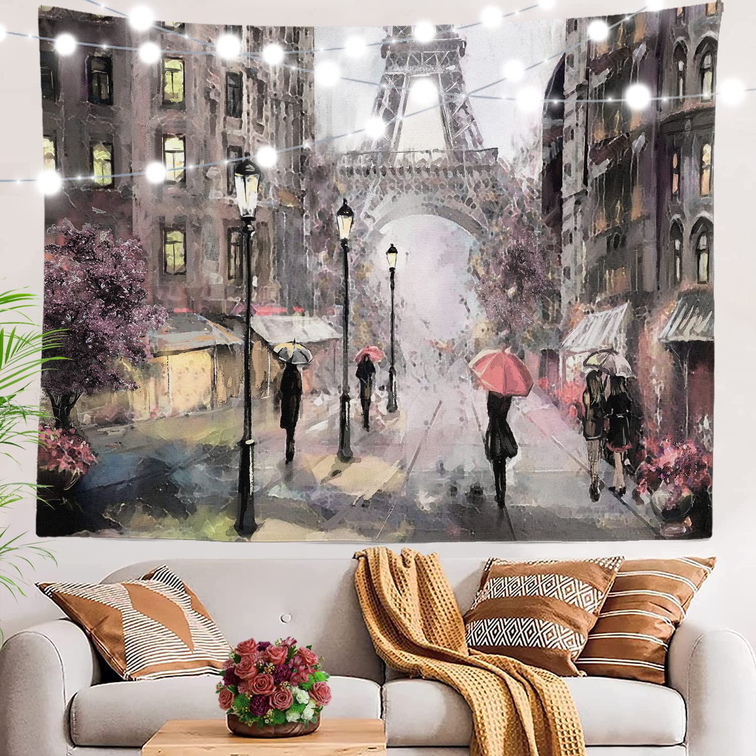 Peinture à l'huile Paris Eiffel Tower Tapestry City European City Landscape Mur suspendu rose Tapisserie Salon Home Decor Dorce