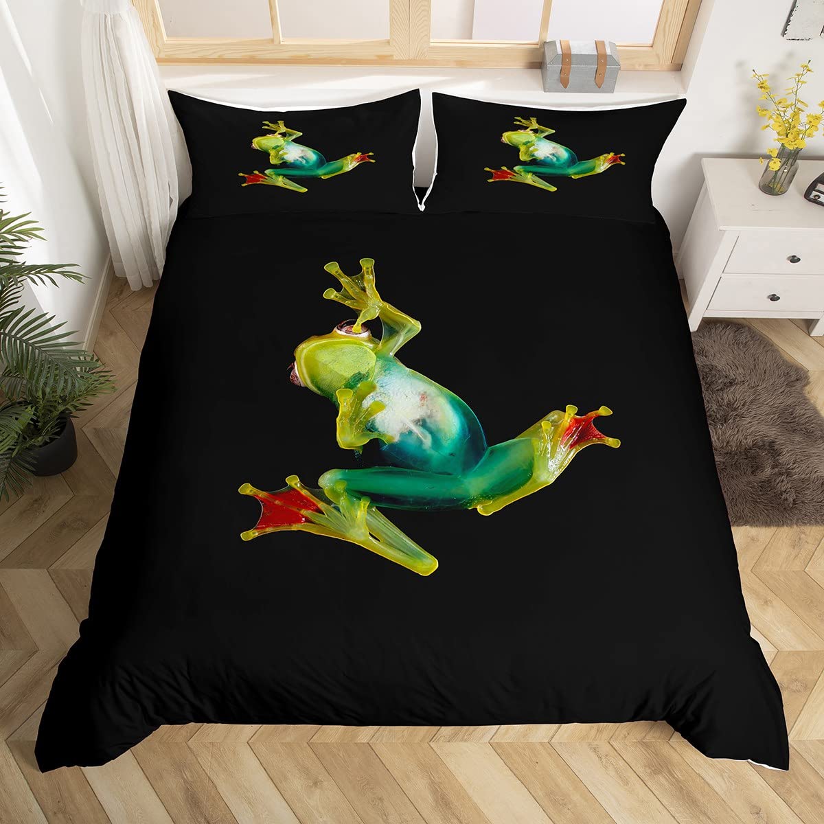 Green Tree Frog King Queen Couvercle de couette complète Beau Raind File Trees Litting Animal Set Wildlife Couper Couette en polyester