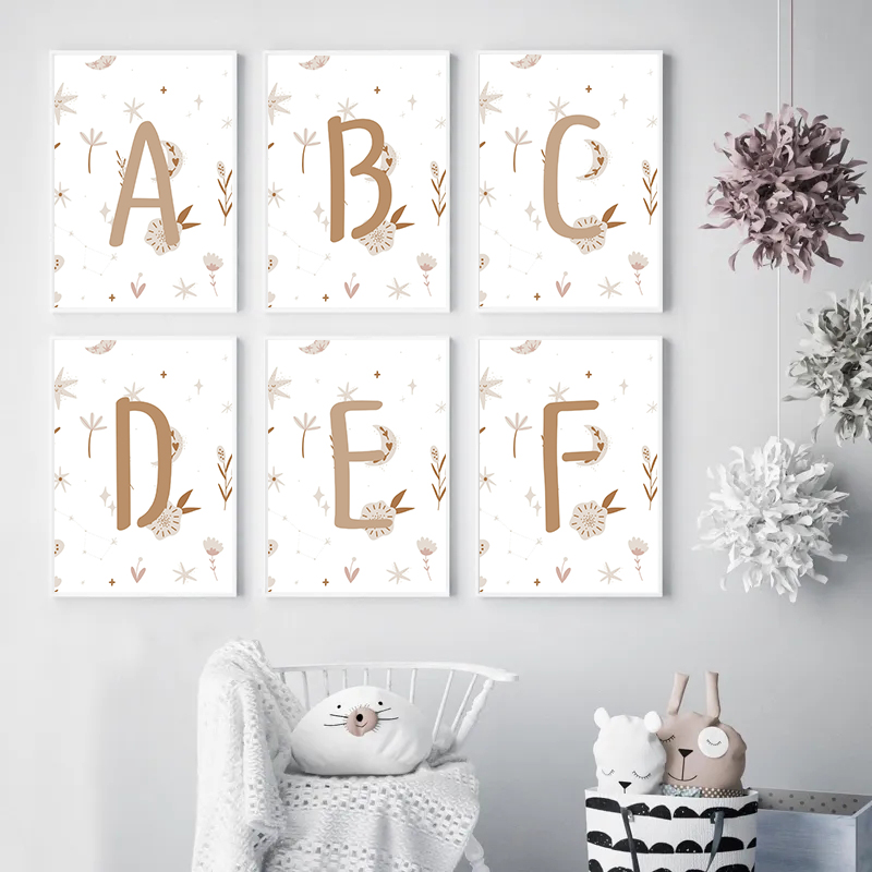 Letter A To Z Set for Kids Name Posters Boho HD Print Letter Wall Art Pictures Canvas Painting for Nursery Kids Room Home Decor