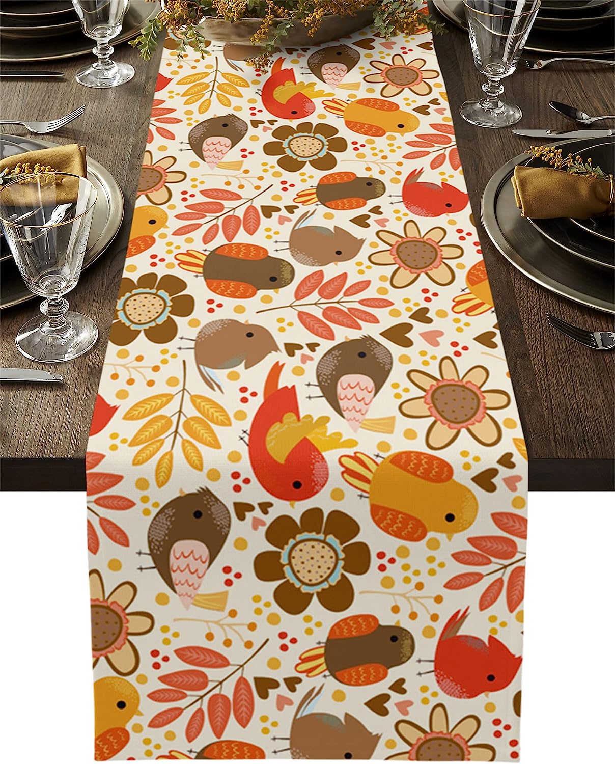 Autumn Leaves and Pumpkin Print Kitchen Table Linen Table Runner, Thanksgiving Decor Table Runner Holiday Party Table Decoration