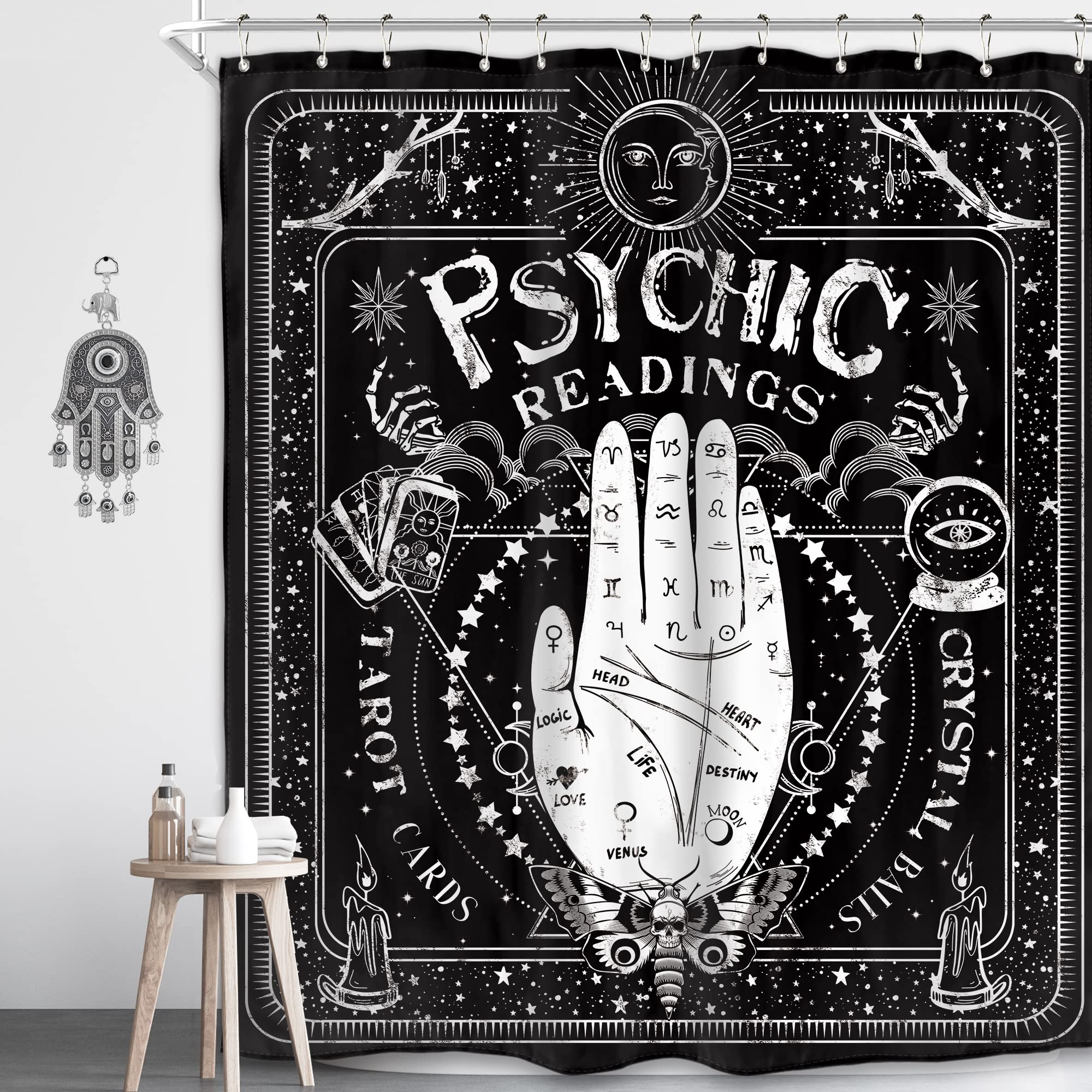 Black Gothic Psychic Reading Doccia tenda Spooky Goth Moth Tarot Tarot Ouija Palomanzia Palma Mysterious Decor set da bagno