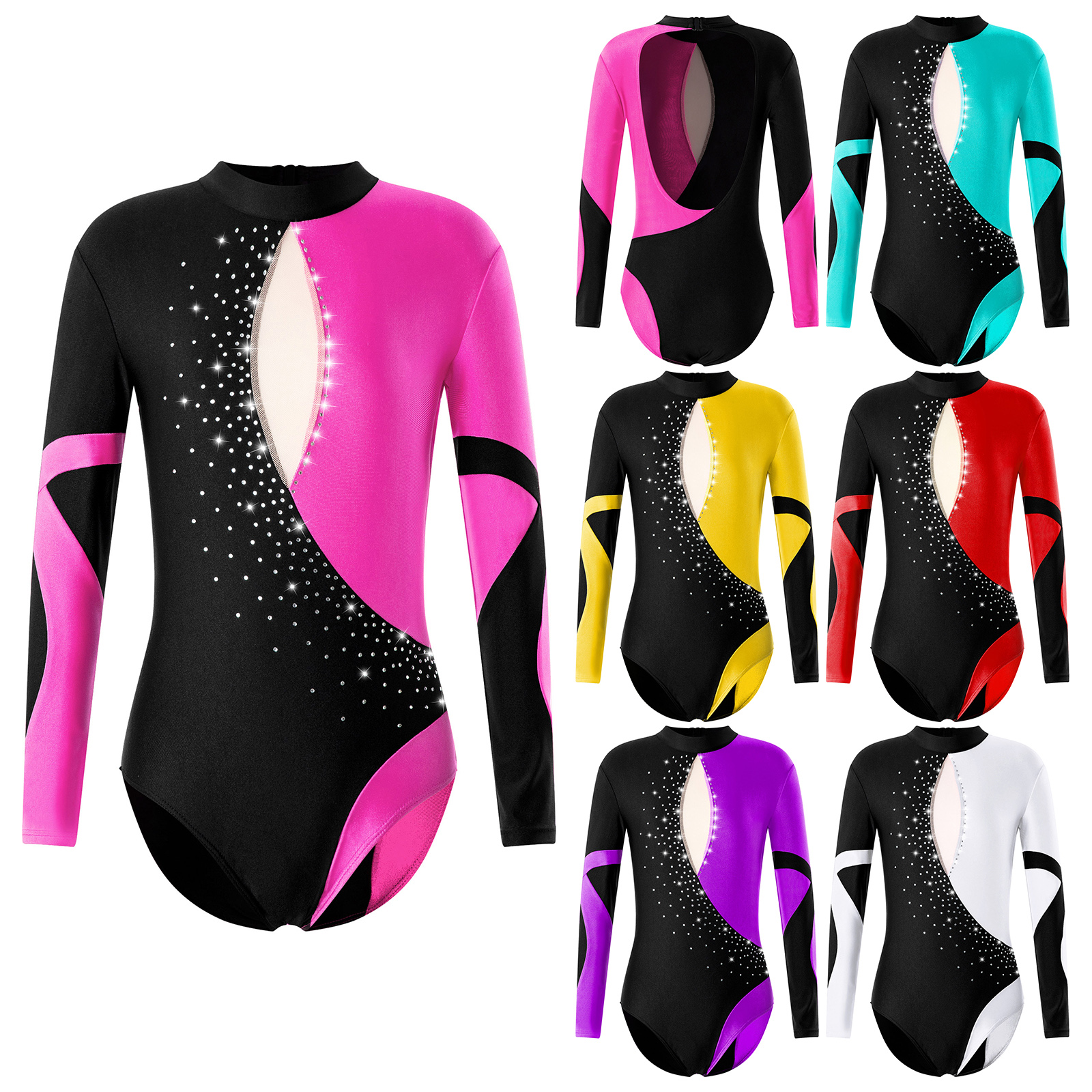 Kids Ice Skating Jumpsuit Children Gymnastics Leotard for Girls Open Back Long Sleeve Shiny Rhinestone Ballet Dance Leotards